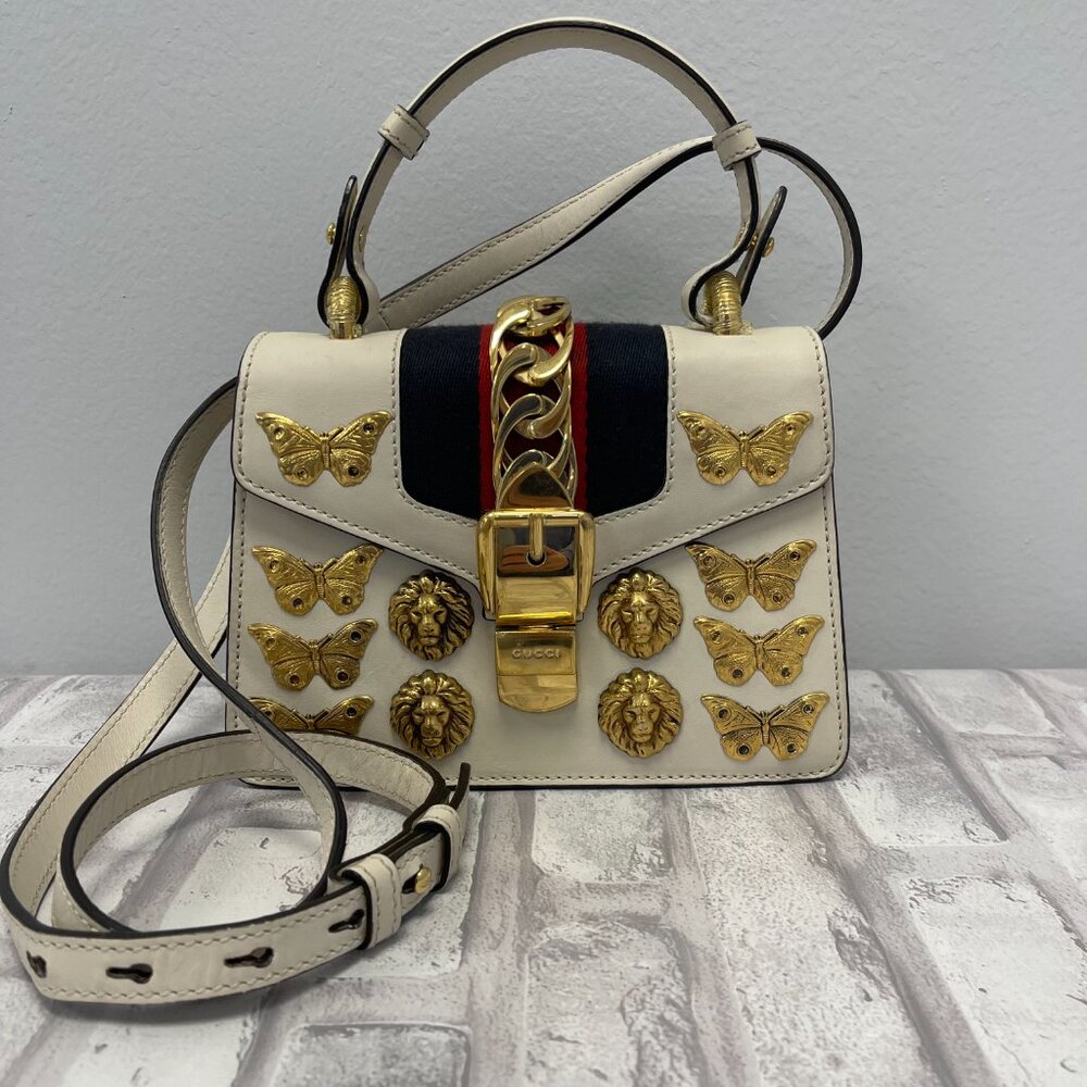 Gucci Calfskin Leather Animal Studs Mini Sylvie Shoulder Top Handle Bag-Preowned